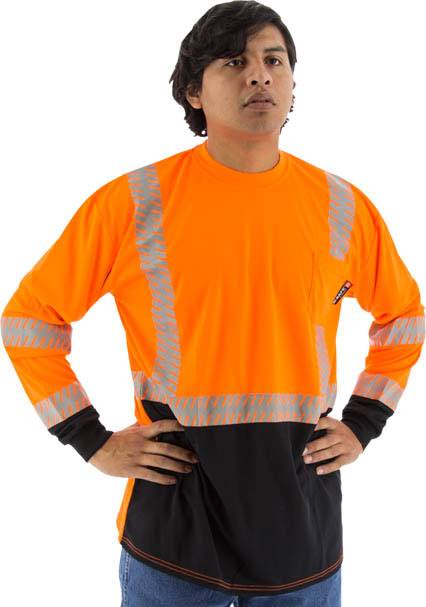 Sportex Hi-Viz Shirt with Reflective Chainsaw Striping, ANSI 2, Orange/Black, Long Sleeve