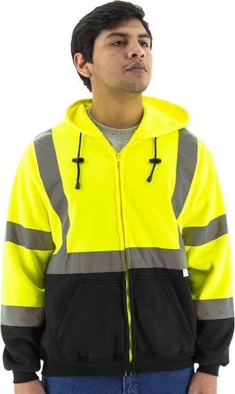 Sportex Hi-Viz Hooded Sweatshirt with Zipper Closure, ANSI 3, Yellow/Black