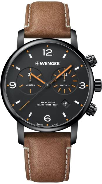 Victorinox Urban Metropolitan - Chrono Black Chronograph Dial, Orange hands, PVD Case, Geniune BRWN Leather Strap